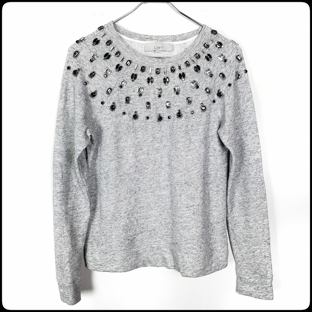 LOFT ANN TAYLORScoop Neck Sweater Grey Jeweled Rhinestones Size: X-Small